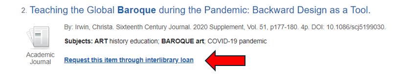 A red arrow points to a link reading 'Request this item through interlibrary loan.'