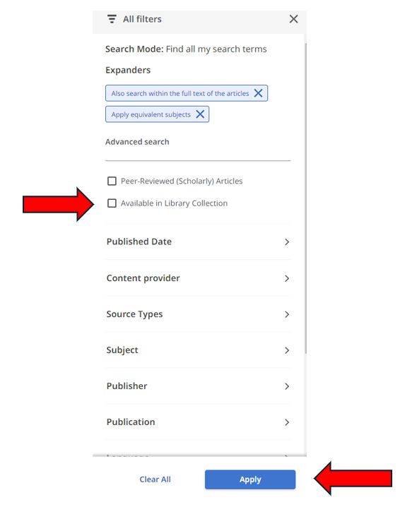 A red arrow points to the Available in Library Collection check box, while another points towards the Apply button.